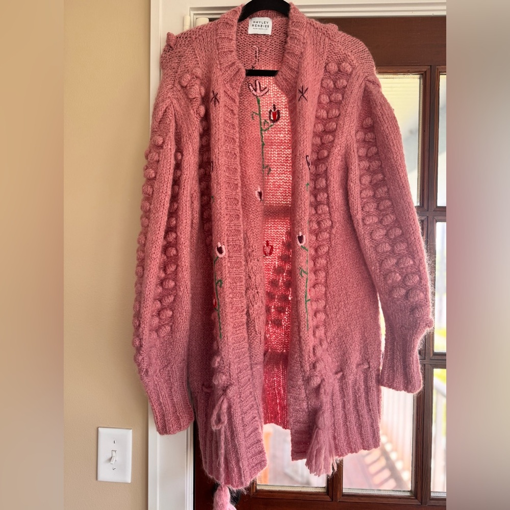 $650 Hayley Menzies Gloria Rose Mohair Midi Cardigan Pink Embroidered Small - Picture 5 of 9